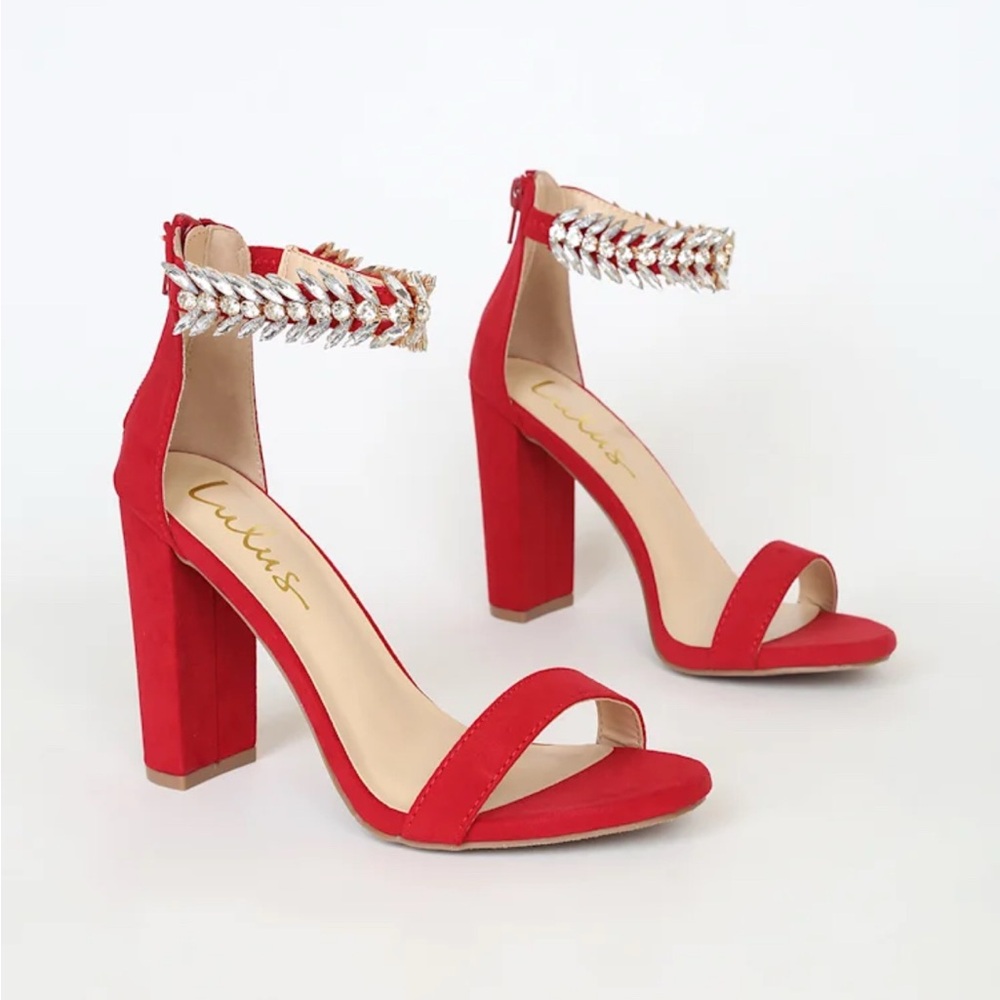 NOWT Lulus Mylan Red Suede Ankle Strap Heels - 7.5